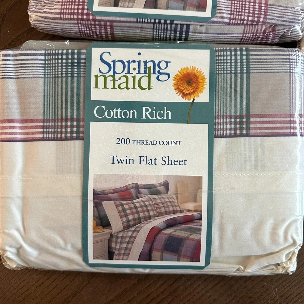 Vintage Springmaid Cotton Rich Twin Flat Sheet NEW Scotts Plaid Pink Green‎